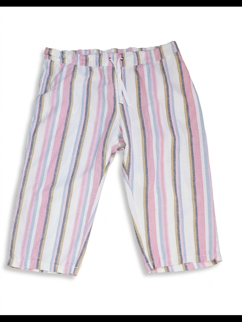 Purple & More Linen Blend Striped Crop Pants Large Drawstring Waist Capris